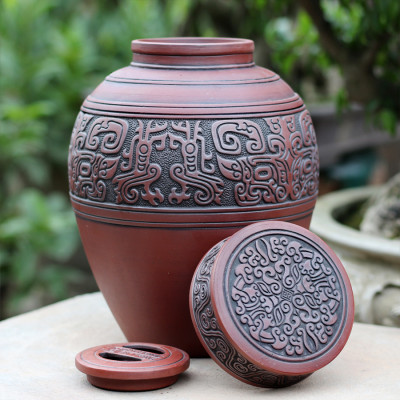 Chum sành ngâm rượu đắp nổi hoa văn cổ 5L gốm sứ Bát Tràng (bình rượu, bình ngâm rượu, chum ngâm rượu)