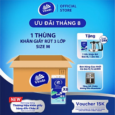 [MUA 1 THÙNG KHĂN RÚT SIZE M TẶNG 1 LỐC SIZE M + ẤM TRÀ] Khăn giấy rút cao cấp Vinda Deluxe 3 lớp 90 tờ size M (5 Gói)