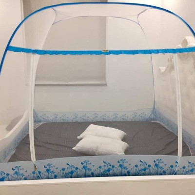 Màn Chụp , Mùng Chụp Cao Cấp Mộc Miên Đỉnh Rộng  - Mẫu Trắng Viền Xanh Hoa Lá ( Hà Nội )