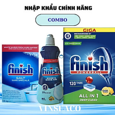 Combo 120 Viên rửa bát Finish+ Nước làm bóng Finish 400ml +muối rửa chén finish 1,5kg