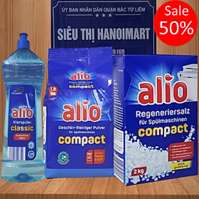 Combo Muối rửa bát Alio 2kg+bột Alio 1.8kg+Bóng 1L dùng cho máy rửa bát
