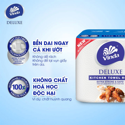 [MUA 2 LỐC KHĂN BẾP CUỘN TẶNG 1 GÓI KHĂN TREO TƯỜNG + 1 MÓC KHÓA] Khăn giấy bếp đa năng siêu thấm Vinda Deluxe (6 Cuộn)
