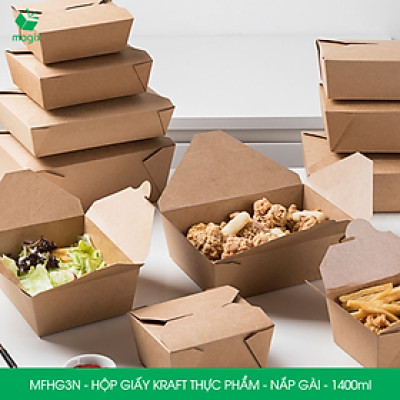 MFHG3N - 50 hộp giấy kraft thực phẩm 1400ml, hộp giấy nắp gập màu nâu đựng thức ăn, hộp giấy nắp gài gói đồ ăn mang đi 