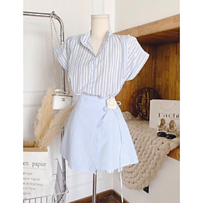 Set đầm sơ mi kẻ sọc mix chân váy đắp tag hoa