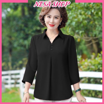 Áo lụa trung niên cao cấp tặng mẹ form rộng tay lỡ cổ sơ mi cách điệu, áo kiểu nữ đẹp NeSa Shop SMH.59