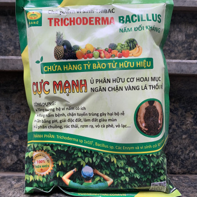 4 gói Chế phẩm vi sinh Trichoderma TRIBAC (1kg). Ủ phân cá, rác hữu cơ hoai mục không mùi hôi. Nấm đối kháng cực mạnh. Ngăn chặn tuyến trùng, nấm bệnh gây vàng lá thối rễ. HSD: 2 năm