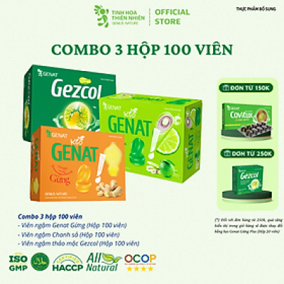 Combo 3 hộp 100 viên - Kẹo thảo mộc Gezcol - Kẹo Genat Gừng - Kẹo ngậm Chanh sả - Genat - Tinh hoa thiên nhiên