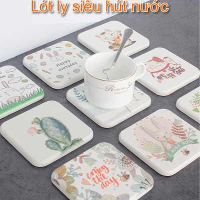 Miếng lót ly - Tấm lót ly, cốc siêu hút nước bằng đất xốp Diatomite họa tiết, thông điệp dễ thương