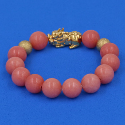 Vòng tay Thạch Anh Hồng Đào 12 ly - cẩn Tỳ Hưu Phong Thủy inox vàng VTAHDTHHBV12 - hợp mệnh Hỏa, mệnh Thổ