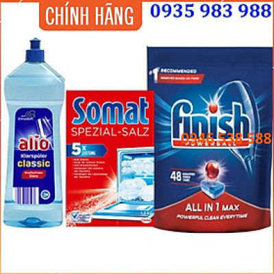 Combo viên rửa bát chén finish 48 viên + muối rửa bát Somat 1.2kg + Nước làm bóng alio 1 lít dùng