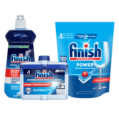 Combo Finish tiện lợi 3: Túi 100 Viên Rửa Bát All In 1+ Nước Làm Bóng Finish 500ml +Dung Dịch Vệ Sinh Máy Finish 250ml