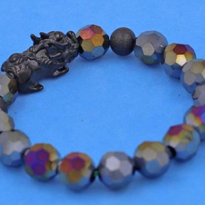 Chuỗi tay Pha Lê Xanh Đen cắt giác 10 ly Mix Tỳ Hưu inox 2 bi - Chuỗi tay thời trang phong thủy