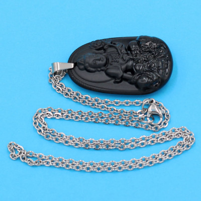 Vòng cổ Phổ Hiền Bồ Tát - thạch anh đen 3.6cm DITTEB2 - dây inox bạc - kèm hộp nhung - tuổi Thìn, Tỵ