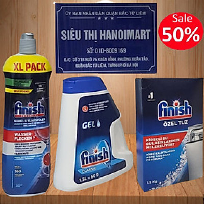 Combo Nước rửa bát Finish Gel classic 1,3 lít + Nước làm bóng bát finish chai 400ml + Muối rửa bát finish 1,5kg