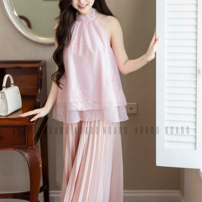 Áo yếm hồng thêu hoa NGADO , ào kiểu nữ , áo hở vai