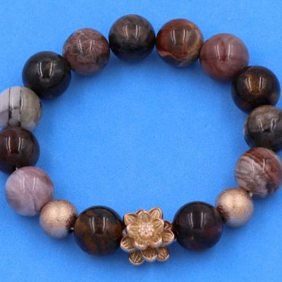 Vòng tay Gỗ Hóa Thạch size 12 ly charm Hoa Sen vàng hồng VGHTHSHBH12 - hợp tất cả các mệnh