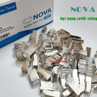 Đầu bấm mạng RJ45 cat5 chống nhiễu Nova CC-01-00175, Chân cắm mạ vàng 50U, vỏ bọc kim chống nhiễu - Hàng chính hãng