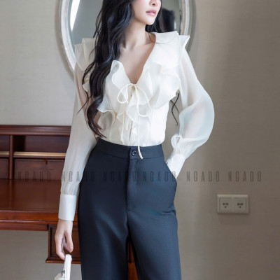 Quần đen phối trắng NGADO, Quần tây nữ, Quần công sở, Quần ống đứng, ống rộng