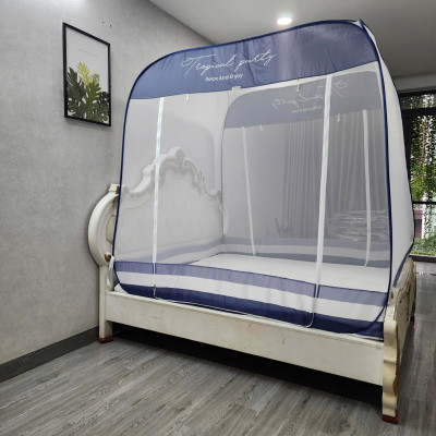 Màn Chụp , Mùng Chụp Cao Cấp Mộc Miên Đỉnh Vuông - Kích Thước 2,2mx2m ( Xanh Xám 3 Đường Kẻ )