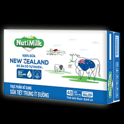 Thùng 48 Hộp NutiMilk 100% Sữa New Zealand Bò ăn cỏ tự nhiên Ít đường 180ml TU.NZSID180TI NUTIFOOD