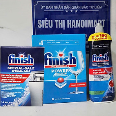 Viên rửa bát Finish Essential all in one 100 viên + Nước làm bóng bát Finish 800 ml + 1.5kg muối làm mềm nước trong máy
