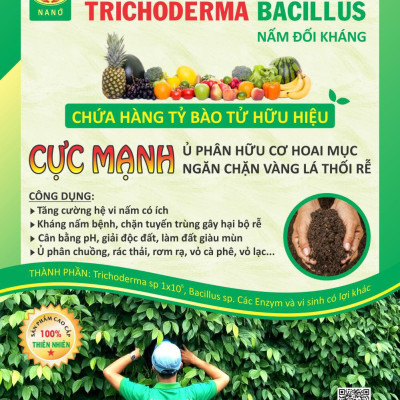 4 gói Chế phẩm vi sinh Trichoderma TRIBAC (1kg). Ủ phân cá, rác hữu cơ hoai mục không mùi hôi. Nấm đối kháng cực mạnh. Ngăn chặn tuyến trùng, nấm bệnh gây vàng lá thối rễ. HSD: 2 năm