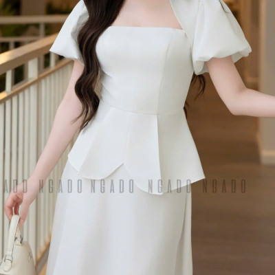 Set áo váy trắng tay phồng NGADO , set áo váy dài , set áo váy công sở , dự tiệc