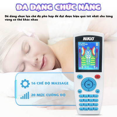 Máy massage xung điện Nikio NK-103A - 4 kênh, 8 miếng dán, 16 chế độ, 20 cường độ tùy chỉnh
