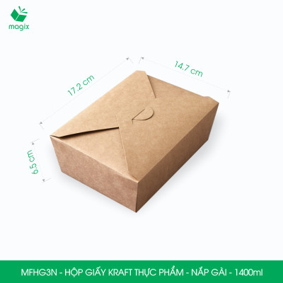 MFHG3N - 50 hộp giấy kraft thực phẩm 1400ml, hộp giấy nắp gập màu nâu đựng thức ăn, hộp giấy nắp gài gói đồ ăn mang đi 