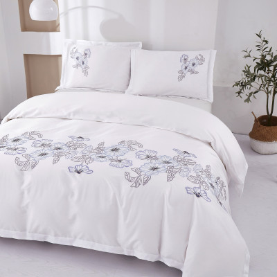 Bộ chăn ra Casa Bello Home - Set Bella Blue Sky Cotton lụa satin thêu họa tiết thêu 5 món