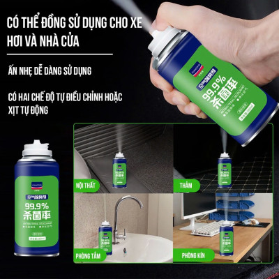 Chai Xịt Khử Mùi Ô Tô Cao Cấp KC 99,98%: Khử Khuẩn Nội Thất, Điều Hòa, Phòng Ngủ Tự Động