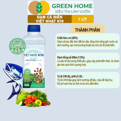 Phân Đạm Cá Hữu Cơ Sinh Học GreenHome, Dịch Cá Biển Thủy Phân K10, Chai 1Lít, Hàm Lượng Dinh Dưỡng Cao, Thế Hệ Mới, Công Nghệ Nhật Bản