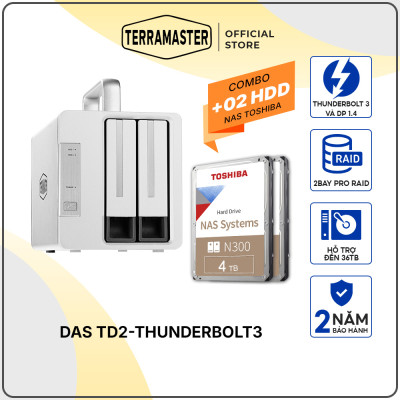 Combo bộ thiết bị lưu trữ DAS TerraMaster TD2 Thunderbolt 3 kèm 1 ổ cứng NAS N300 3.5inch 24/7 Hàng chính hãng