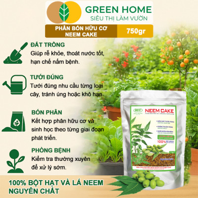 Phân Bón Hữu Cơ Neem Cake, GreenHome, Bao 750gr, Sinh Học Tự Nhiên Trị Tuyến Trùng, Sâu, Cải Tạo Đất