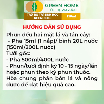 Tinh Dầu Neem Oil Sinh Học Greenhome, Neem Chill, 150ml, Kết Hợp Tinh Dầu Tỏi, Ớt, Trừ Bọ Trĩ, Nhện Đỏ, Rầy, Rệp Sáp Cho Cây
