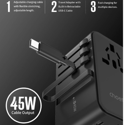 Củ sạc Choetech PD5020 du lịch đa năng tích hợp thêm dây cáp sạc Type C  (35W)/ PD5021 (45W)/ PD5022 (70W)- Hàng chính hãng