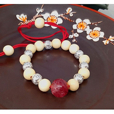 Vòng Gỗ Dâu cho bé Mix Bạc - thạch anh đỏ đá tự Nhiên 7BS1