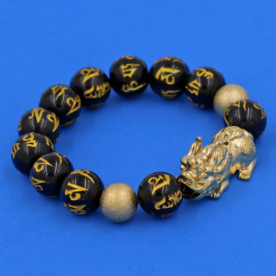 Vòng chuỗi đeo tay đá thạch anh đen khắc lục tự chân ngôn mạ vàng 14 ly ( size lớn ) charm tỳ hưu và bi inox vàng, vòng tay chuỗi hạt