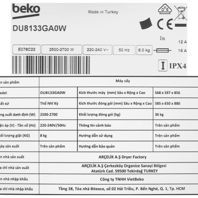 Máy sấy ngưng tụ Beko 8 Kg DU8133GA0W - Hàng chính hãng - Giao toàn quốc