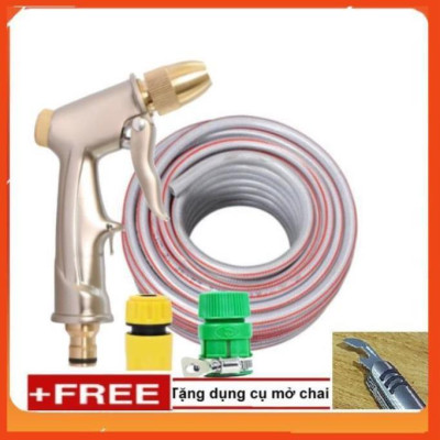 Bộ dây vòi xịt nước rửa xe, tưới cây . tăng áp 3 lần, loại 20m 206701-1 đầu đồng,cút,nối vàng+tặng mở chai