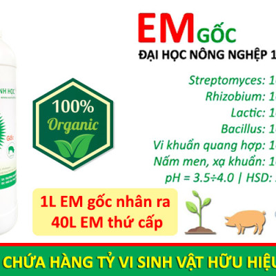 Chế phẩm sinh học EM gốc. Dùng cho Nông Nghiệp Sạch. Men vi sinh Đại Học Nông Nghiệp 1 Hà Nội. Chứa hàng tỷ bào tử hữu hiệu. Từ 1 lít EM gốc sản xuất ra 40 lít EM thứ cấp