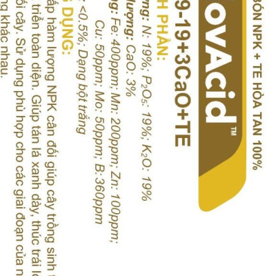 Phân Bón Hoà Tan Israel NovAcid 19-19-19+3CaO+Te là Phân Bón Lá hòa tan 100% trong nước dùng qua hệ thống tưới nhỏ giọt hay tưới phun sương cho hoa và cây