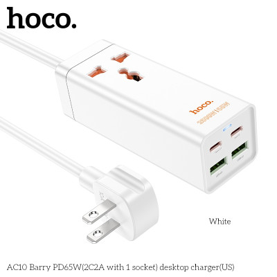 Ổ cắm điện đa năng sạc nhanh PD 65W cổng typeC + QC18W có 2*USB + 2*Type-C có 1 lỗ cắm tải 2500W dây dài 1.5m AC10 - hàng chính hãng