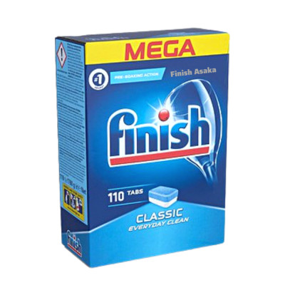 Combo rửa chén Finish: Classic hộp 110 viên, Nước làm bóng 750ml, Muối hộp 4kg - Nhập khẩu Châu Âu.
