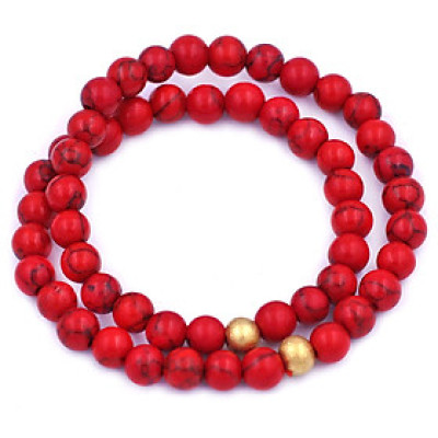 [Mệnh Hỏa, Thổ] Vòng Chuỗi Đôi 6 Ly San Hô Đỏ Sọc Charm Bi Inox VSHOSHBD