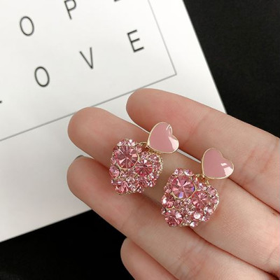 Bông tai trái tim hồng đính đá S925