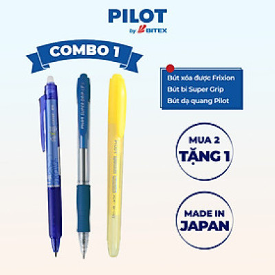 Combo Pilot 01: Bút xóa được mực xanh, Bút bi Super Grip mực xanh, Bút dạ quang màu vàng
