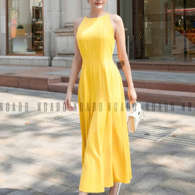 Đầm vàng chanh cổ yếm NGADO , đầm cổ yếm , đầm kiểu Nữ