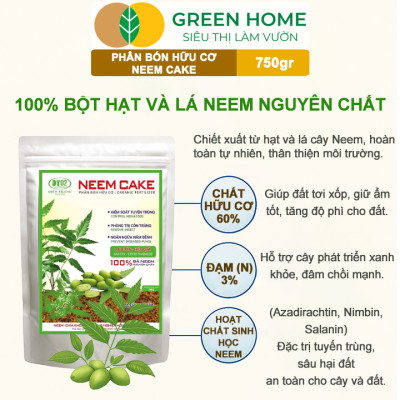 Phân Bón Hữu Cơ Neem Cake, GreenHome, Bao 750gr, Sinh Học Tự Nhiên Trị Tuyến Trùng, Sâu, Cải Tạo Đất