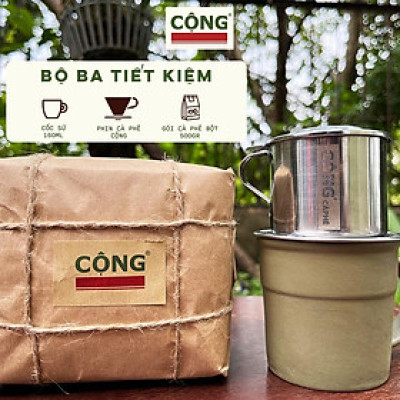 Combo cà phê bột 500gr, phin cà phê nhôm, cốc sứ 160ml Cộng Cà Phê - Bộ ba tiết kiệm